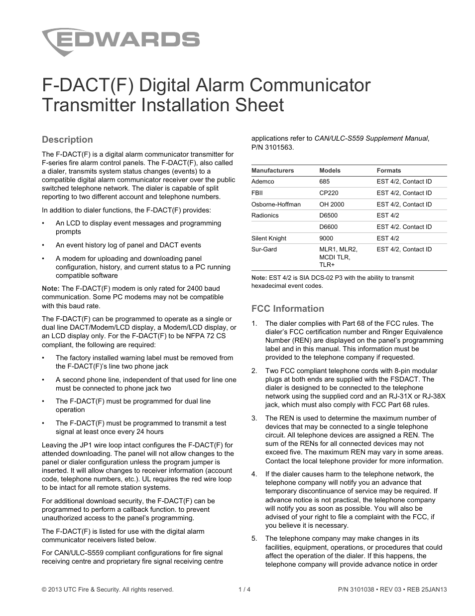 Edwards Signaling F-DACT_F Digital Alarm Communicator User Manual | 4 pages