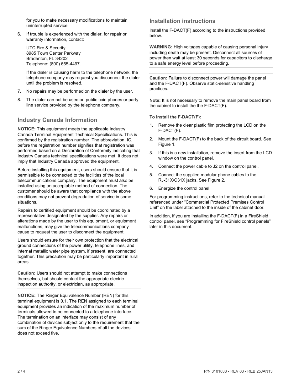 Industry canada information, Installation instructions | Edwards Signaling F-DACT_F Digital Alarm Communicator User Manual | Page 2 / 4