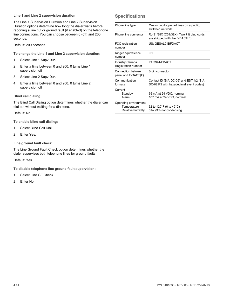 Specifications | Edwards Signaling F-DACT_F Digital Alarm Communicator User Manual | Page 4 / 4