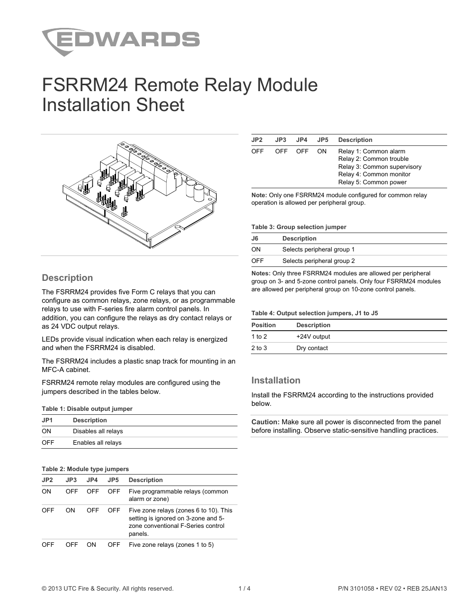Edwards Signaling FSRRM24 Remote Relay Module User Manual | 4 pages