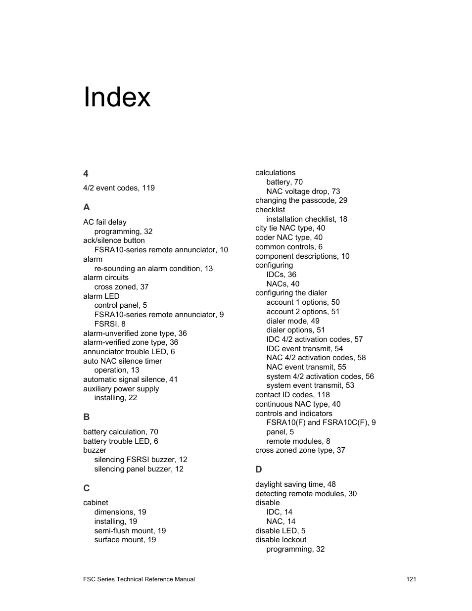 Index | Edwards Signaling FSC Series User Manual | Page 129 / 132