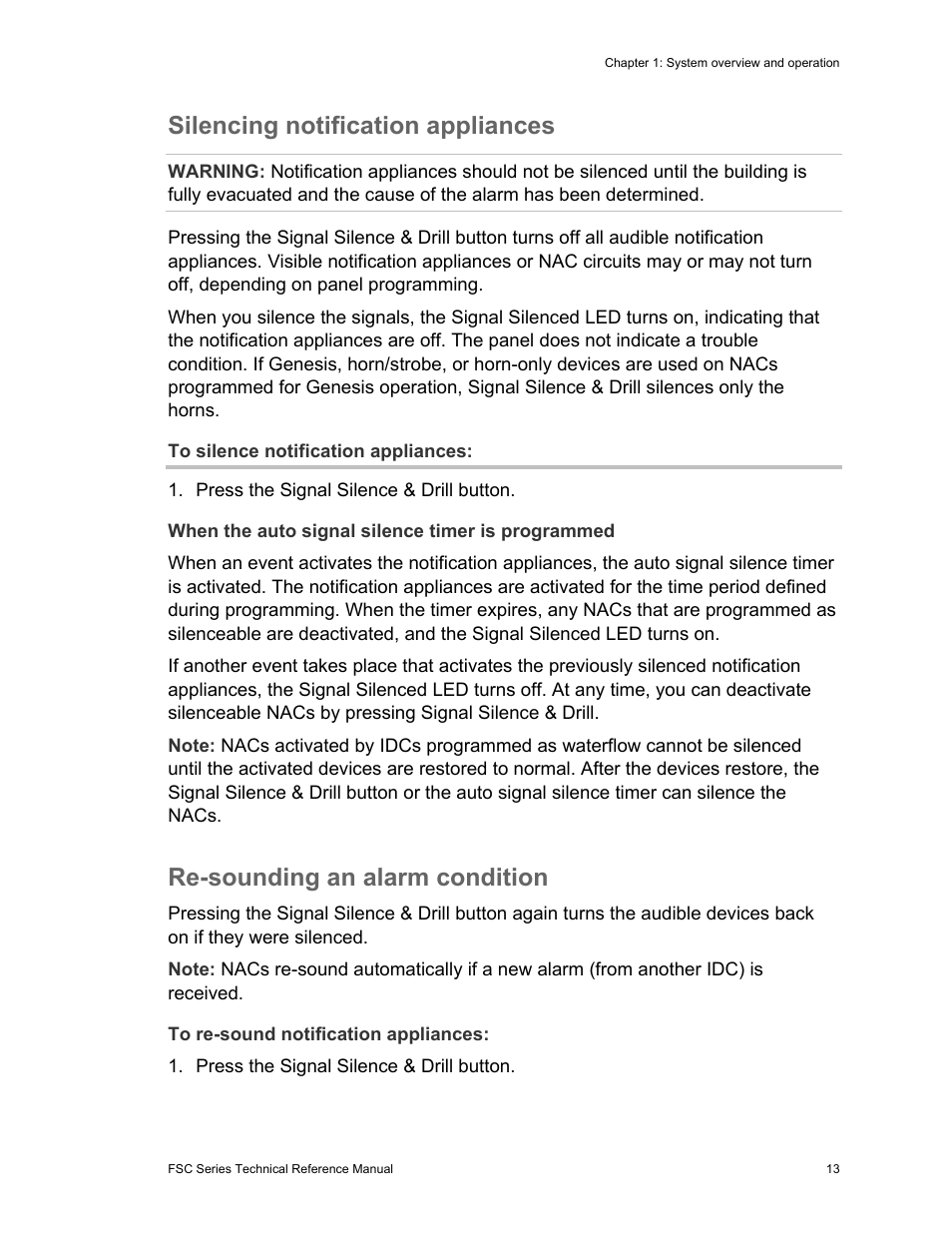 Silencing notification appliances, Re-sounding an alarm condition | Edwards Signaling FSC Series User Manual | Page 21 / 132