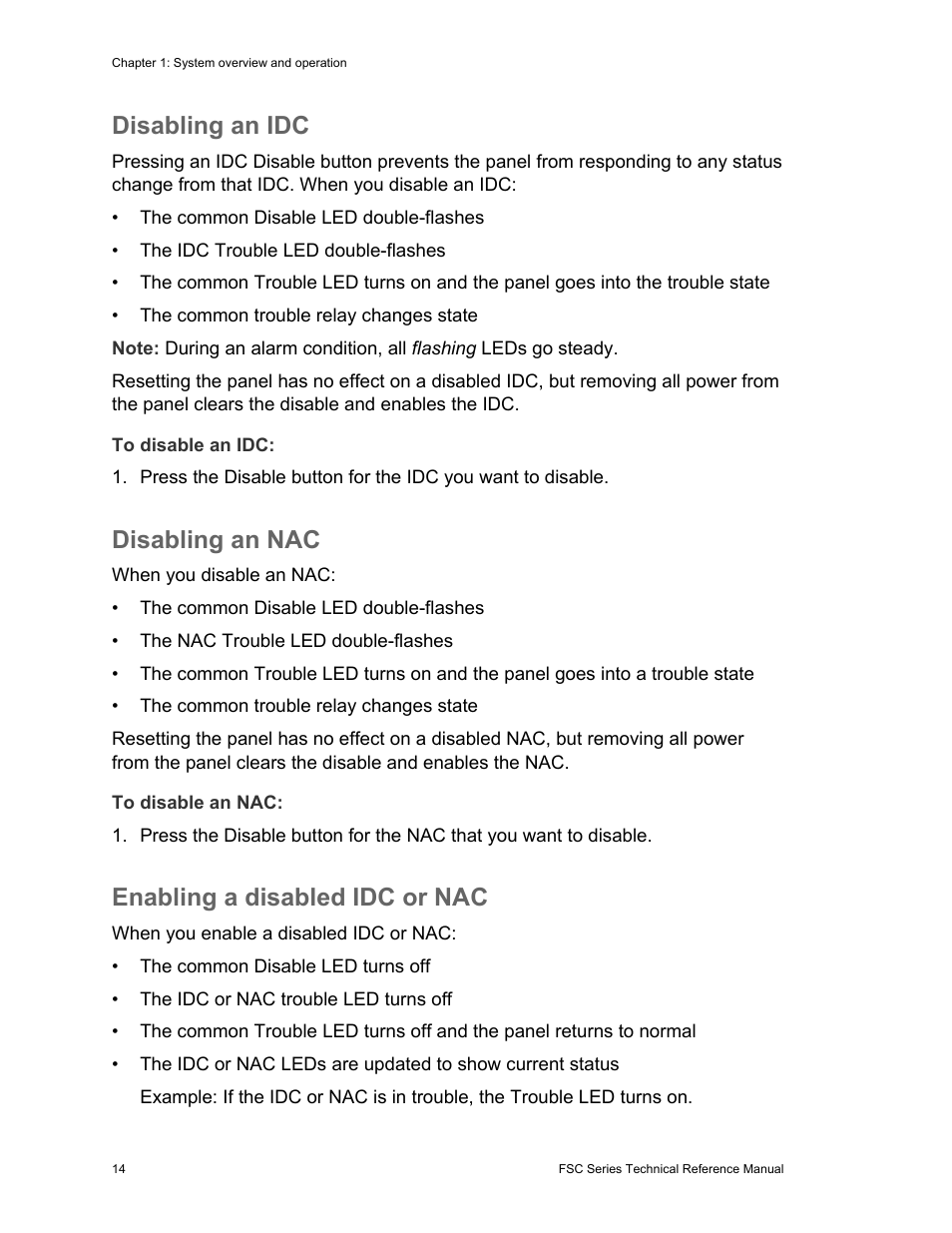 Disabling an idc, Disabling an nac, Enabling a disabled idc or nac | Edwards Signaling FSC Series User Manual | Page 22 / 132