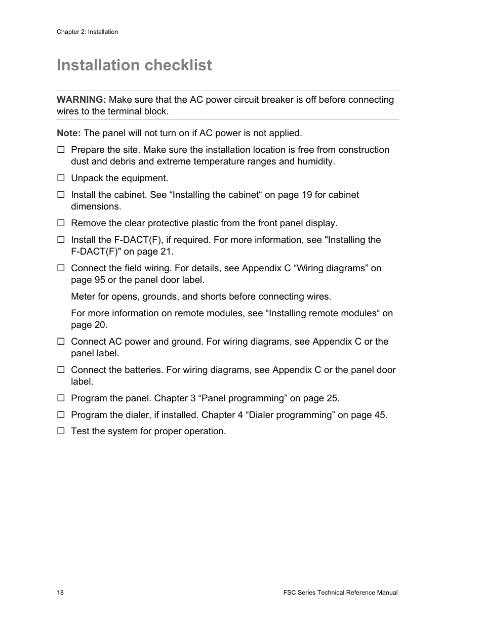 Installation checklist | Edwards Signaling FSC Series User Manual | Page 26 / 132