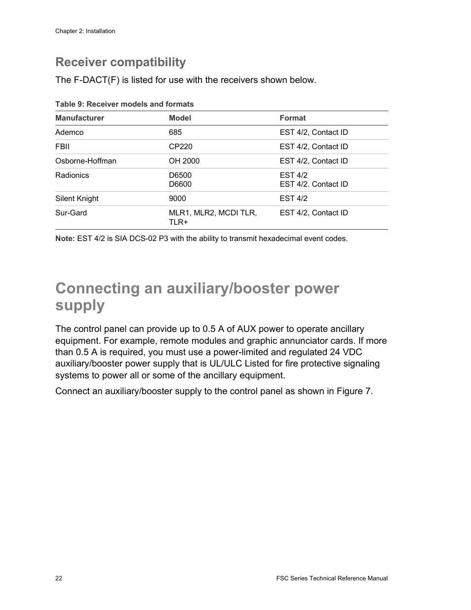 Connecting an auxiliary/booster power supply, Receiver compatibility | Edwards Signaling FSC Series User Manual | Page 30 / 132