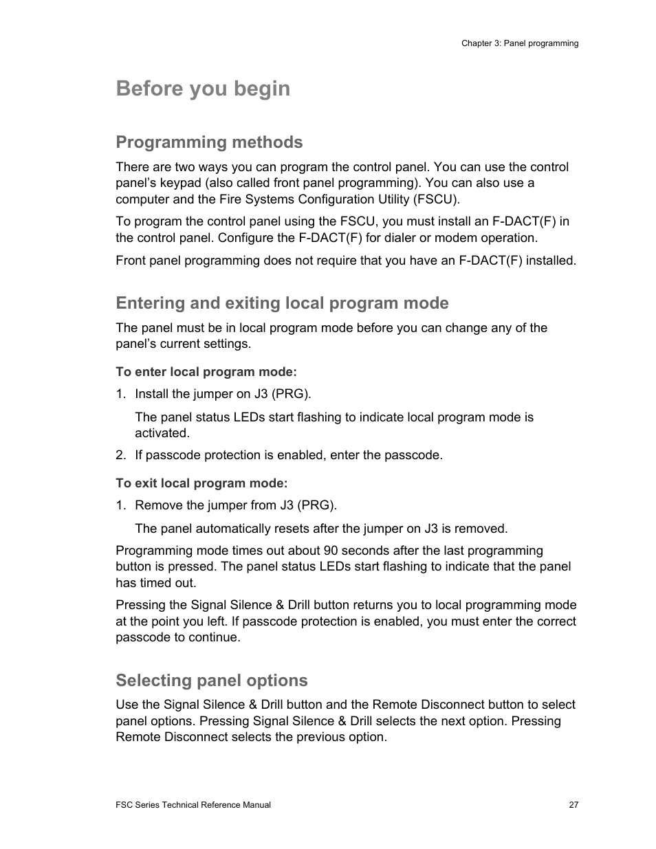 Before you begin, Programming methods, Entering and exiting local program mode | Selecting panel options | Edwards Signaling FSC Series User Manual | Page 35 / 132