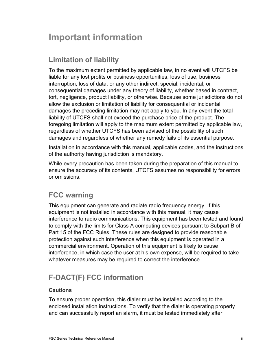 Important information, Limitation of liability, Fcc warning | F-dact(f) fcc information | Edwards Signaling FSC Series User Manual | Page 5 / 132