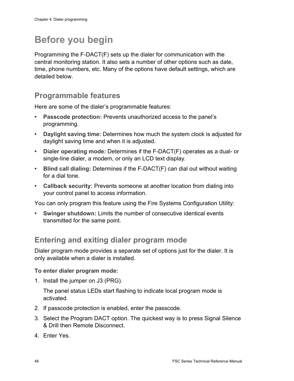 Before you begin, Programmable features, Entering and exiting dialer program mode | Edwards Signaling FSC Series User Manual | Page 54 / 132