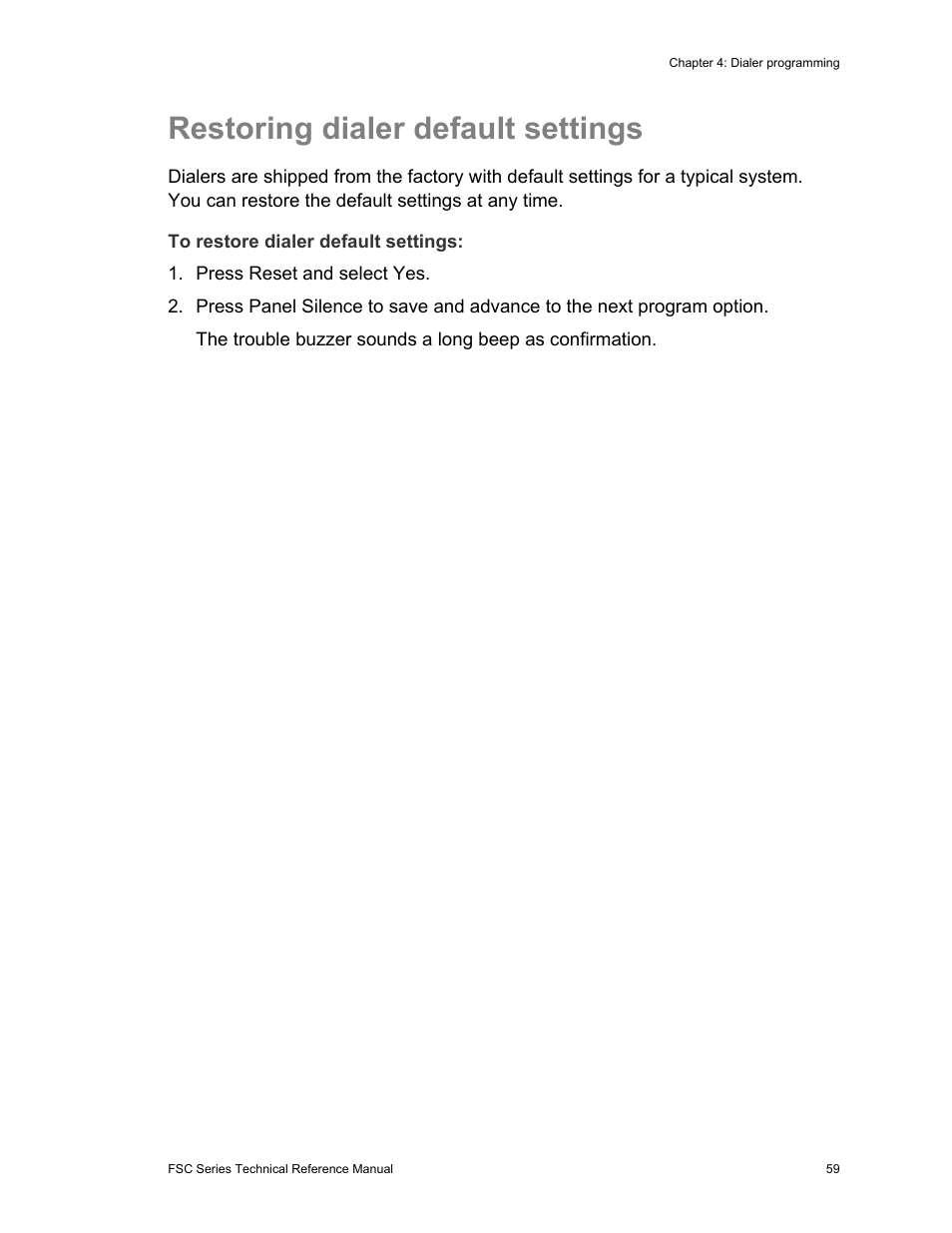 Restoring dialer default settings | Edwards Signaling FSC Series User Manual | Page 67 / 132