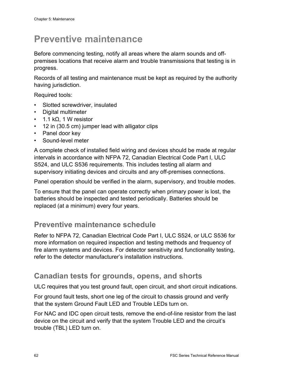 Preventive maintenance, Preventive maintenance schedule, Canadian tests for grounds, opens, and shorts | Edwards Signaling FSC Series User Manual | Page 70 / 132