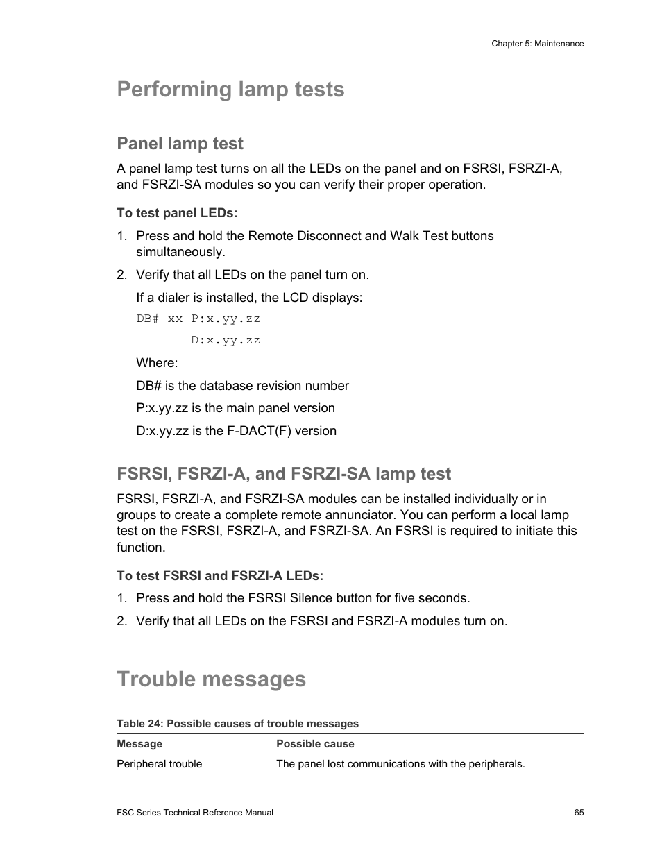 Performing lamp tests, Trouble messages, Panel lamp test | Fsrsi, fsrzi-a, and fsrzi-sa lamp test | Edwards Signaling FSC Series User Manual | Page 73 / 132