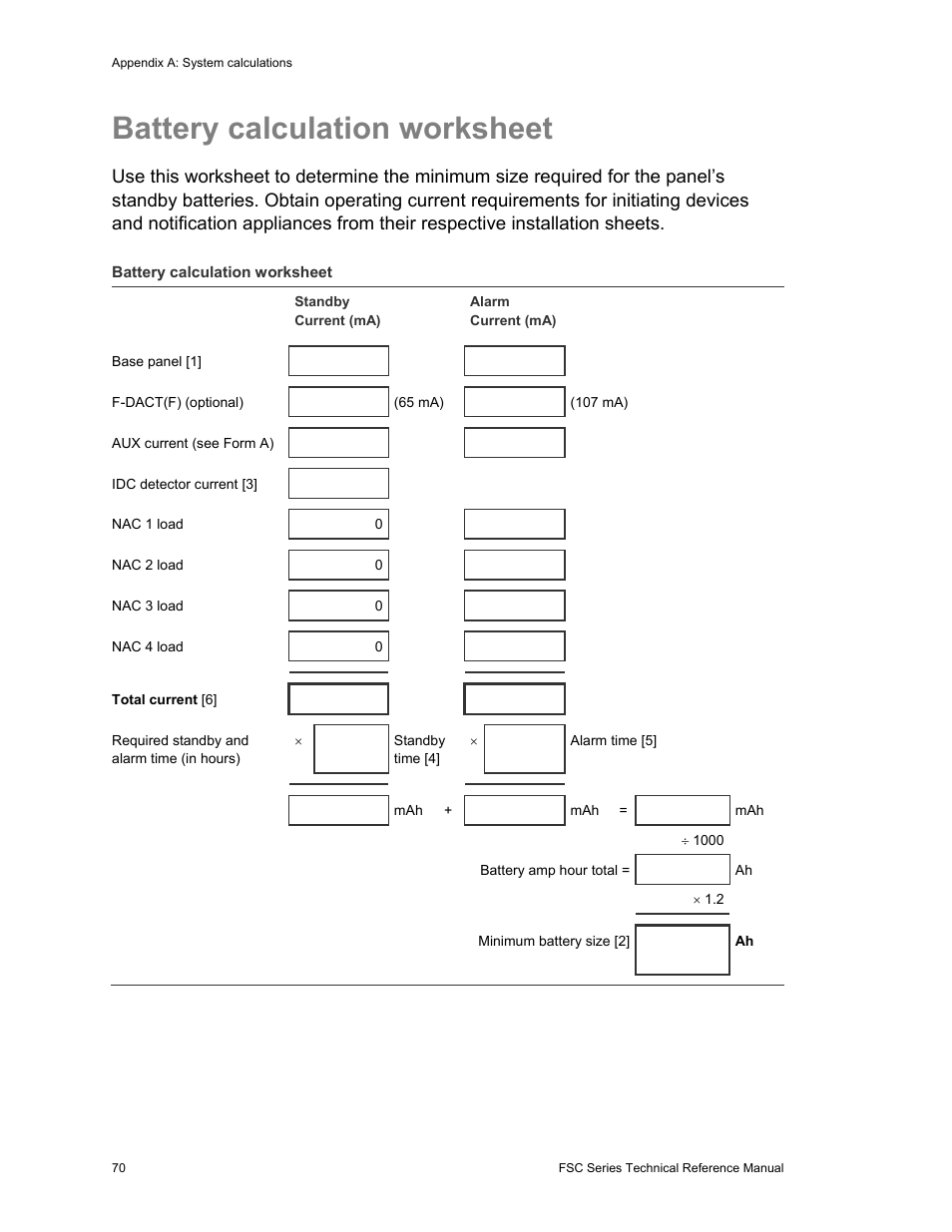 Battery calculation worksheet | Edwards Signaling FSC Series User Manual | Page 78 / 132