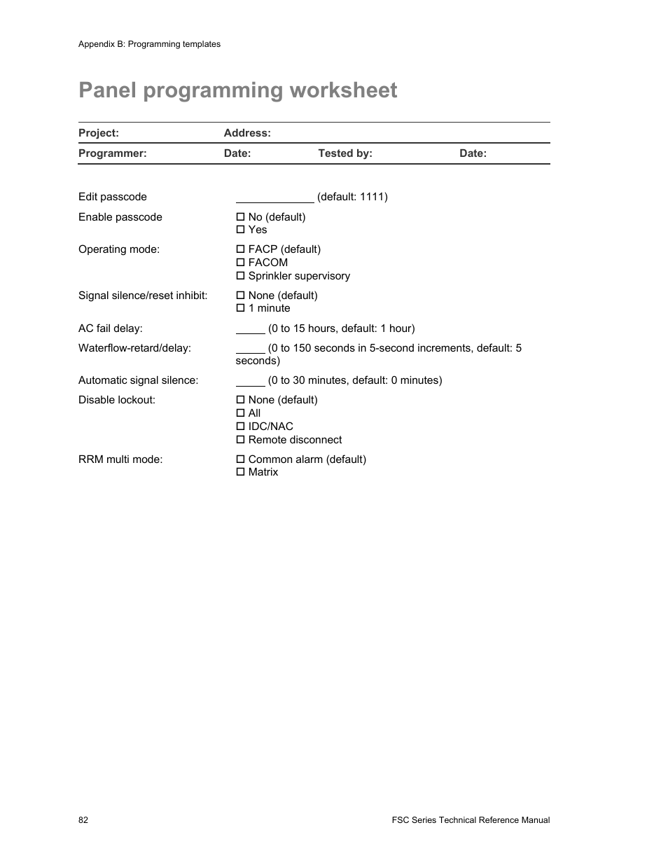 Panel programming worksheet | Edwards Signaling FSC Series User Manual | Page 90 / 132