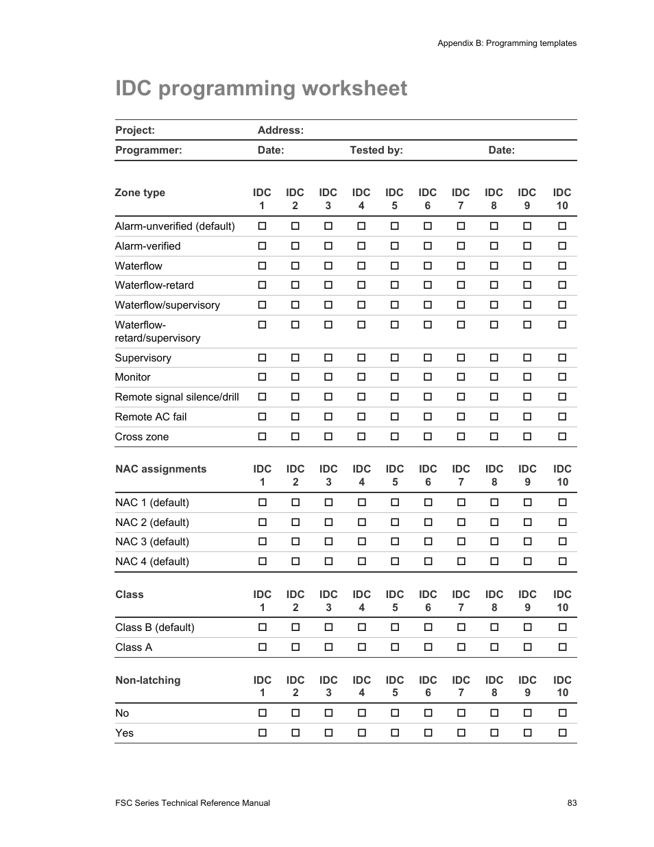 Idc programming worksheet | Edwards Signaling FSC Series User Manual | Page 91 / 132