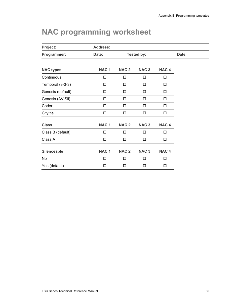 Nac programming worksheet | Edwards Signaling FSC Series User Manual | Page 93 / 132