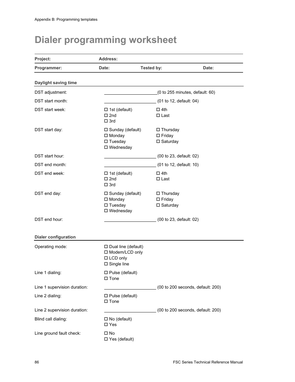 Dialer programming worksheet | Edwards Signaling FSC Series User Manual | Page 94 / 132