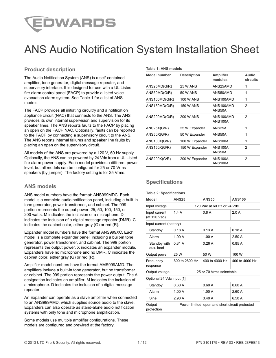 Edwards Signaling ANS Audio Notification System User Manual | 12 pages