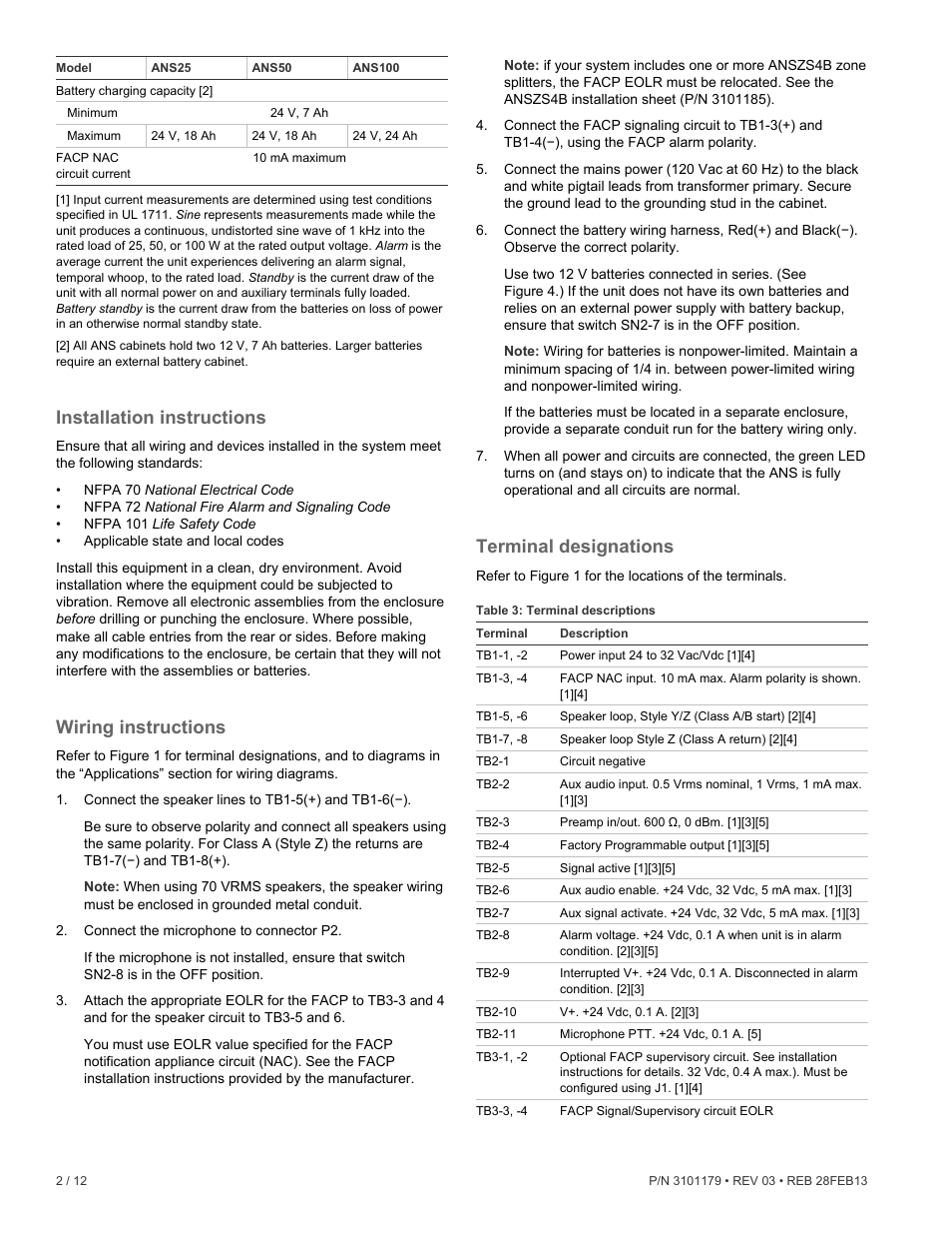 Installation instructions, Wiring instructions, Terminal designations | Edwards Signaling ANS Audio Notification System User Manual | Page 2 / 12