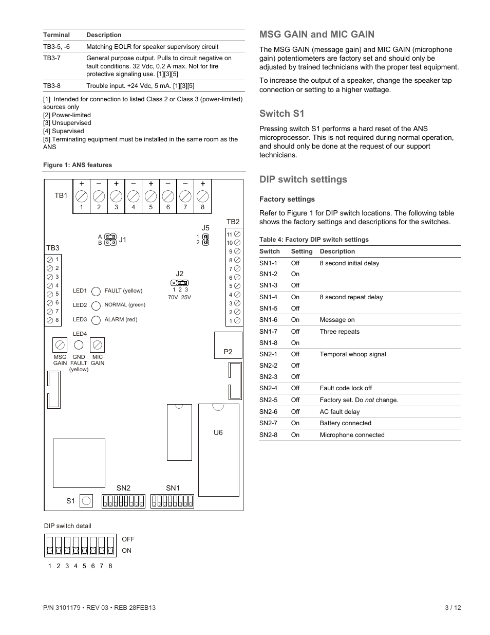 Msg gain and mic gain, Switch s1, Dip switch settings | Factory settings | Edwards Signaling ANS Audio Notification System User Manual | Page 3 / 12