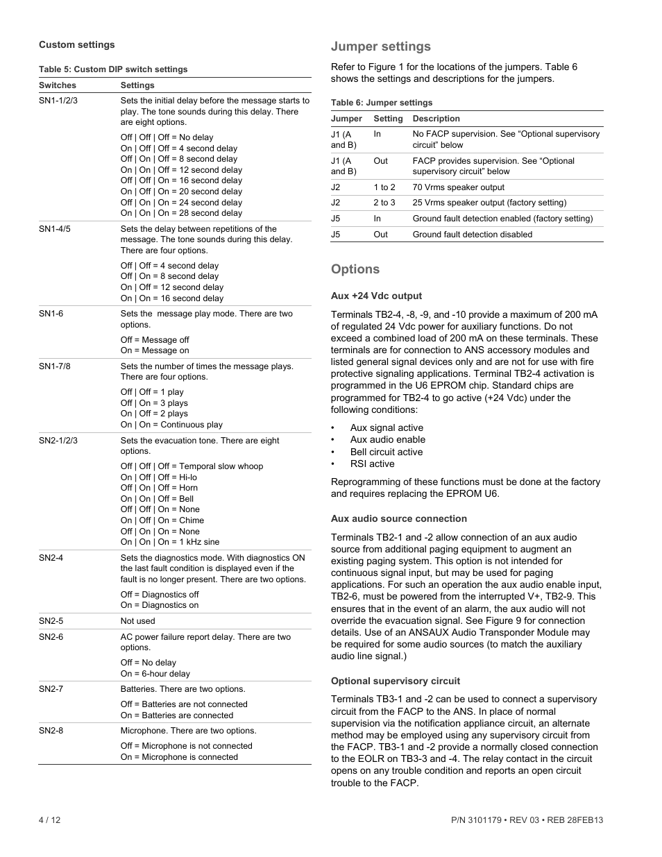 Custom settings, Jumper settings, Options | Aux +24 vdc output, Aux audio source connection, Optional supervisory circuit | Edwards Signaling ANS Audio Notification System User Manual | Page 4 / 12