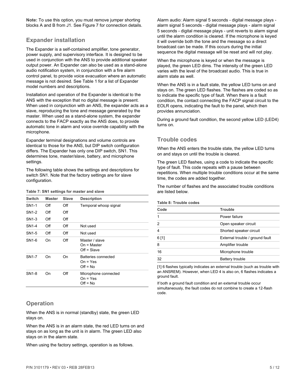 Expander installation, Operation, Trouble codes | Edwards Signaling ANS Audio Notification System User Manual | Page 5 / 12