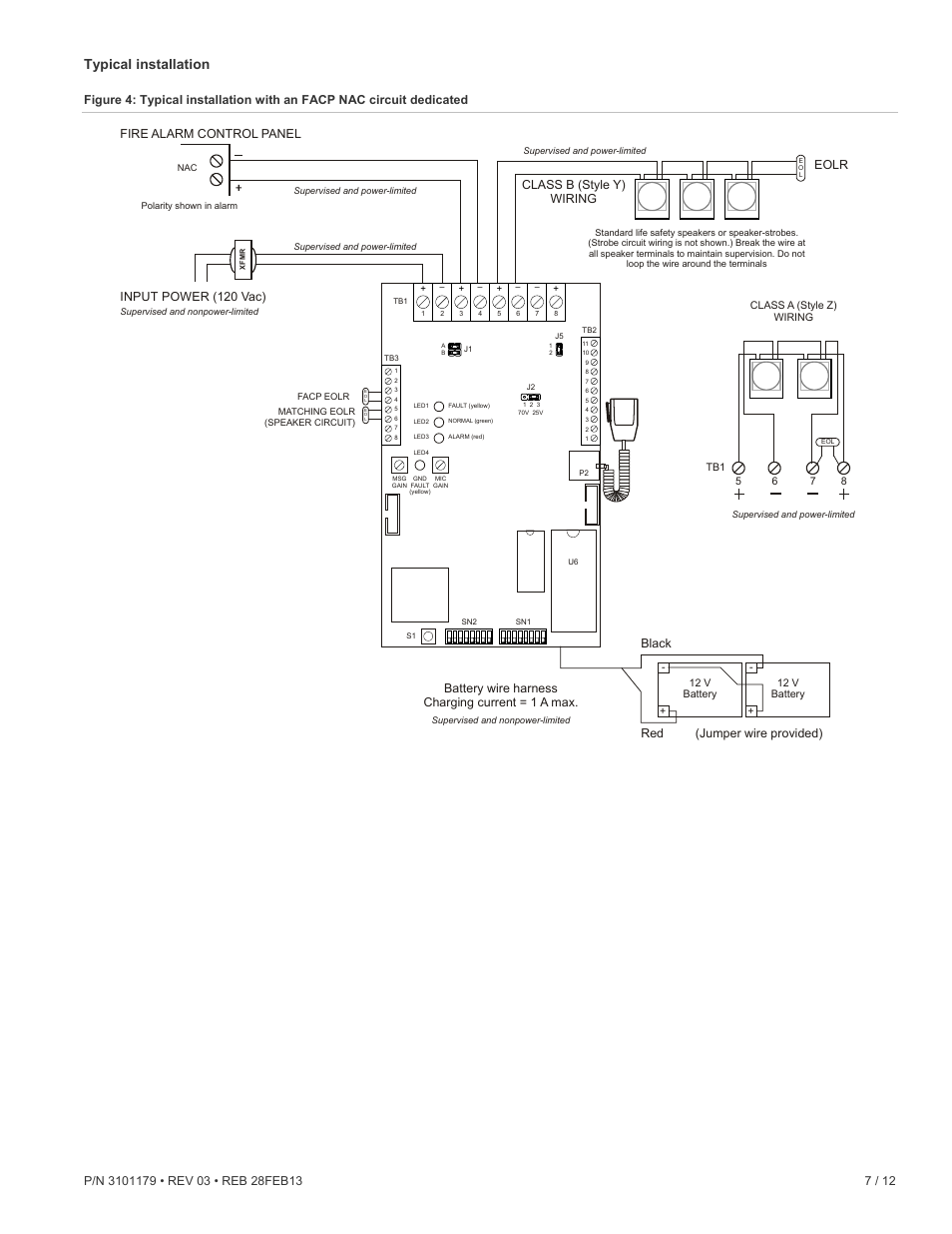 Typical installation, Eolr, Battery wire harness charging current = 1 a max | Class b (style y) wiring, Fire alarm control panel | Edwards Signaling ANS Audio Notification System User Manual | Page 7 / 12