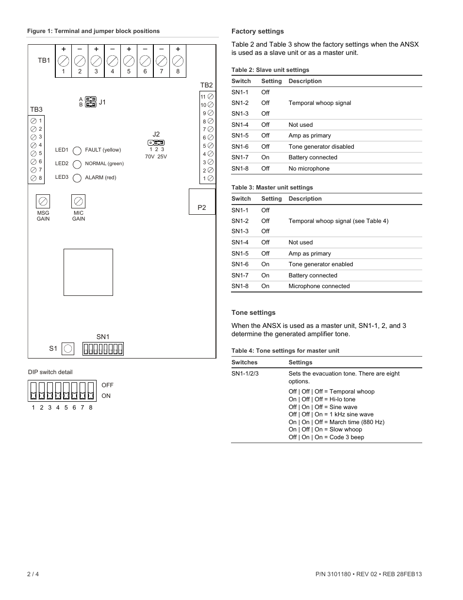 Factory settings, Tone settings | Edwards Signaling ANSX Expander User Manual | Page 2 / 4