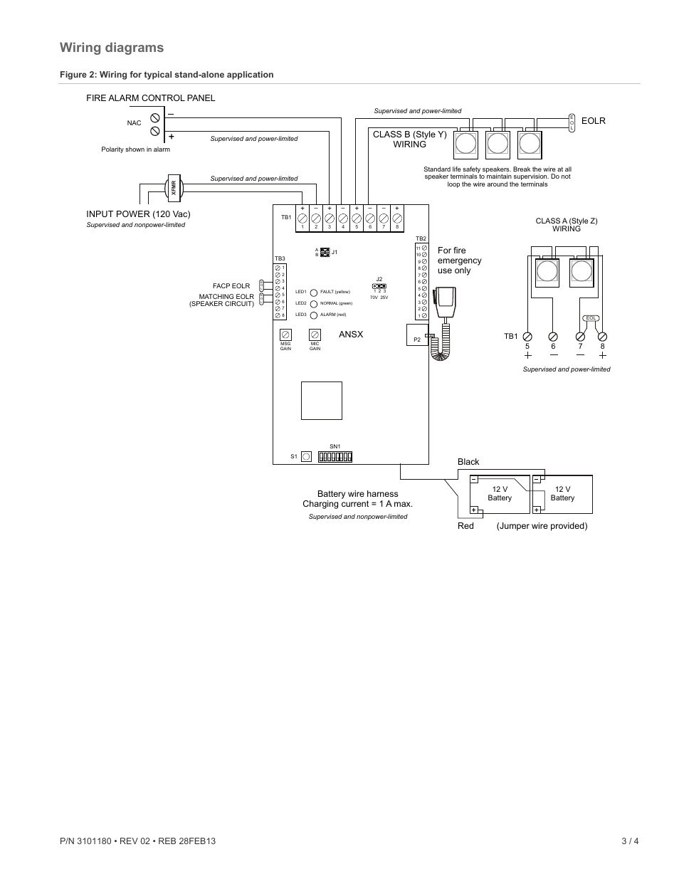 Wiring diagrams, Eolr, Battery wire harness charging current = 1 a max | Class b (style y) wiring, Fire alarm control panel, Ansx for fire emergency use only | Edwards Signaling ANSX Expander User Manual | Page 3 / 4