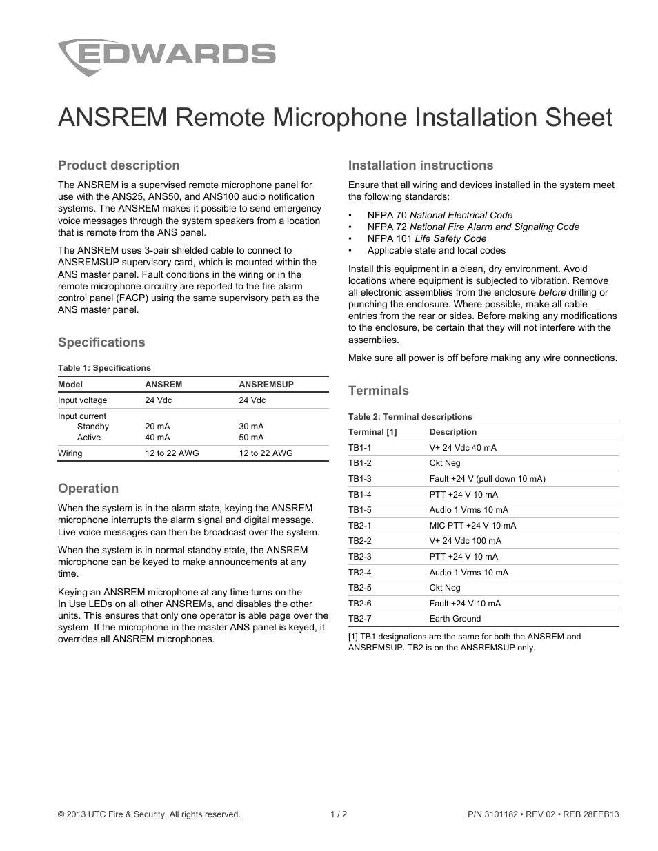 Edwards Signaling ANSREM Remote Microphone User Manual | 2 pages