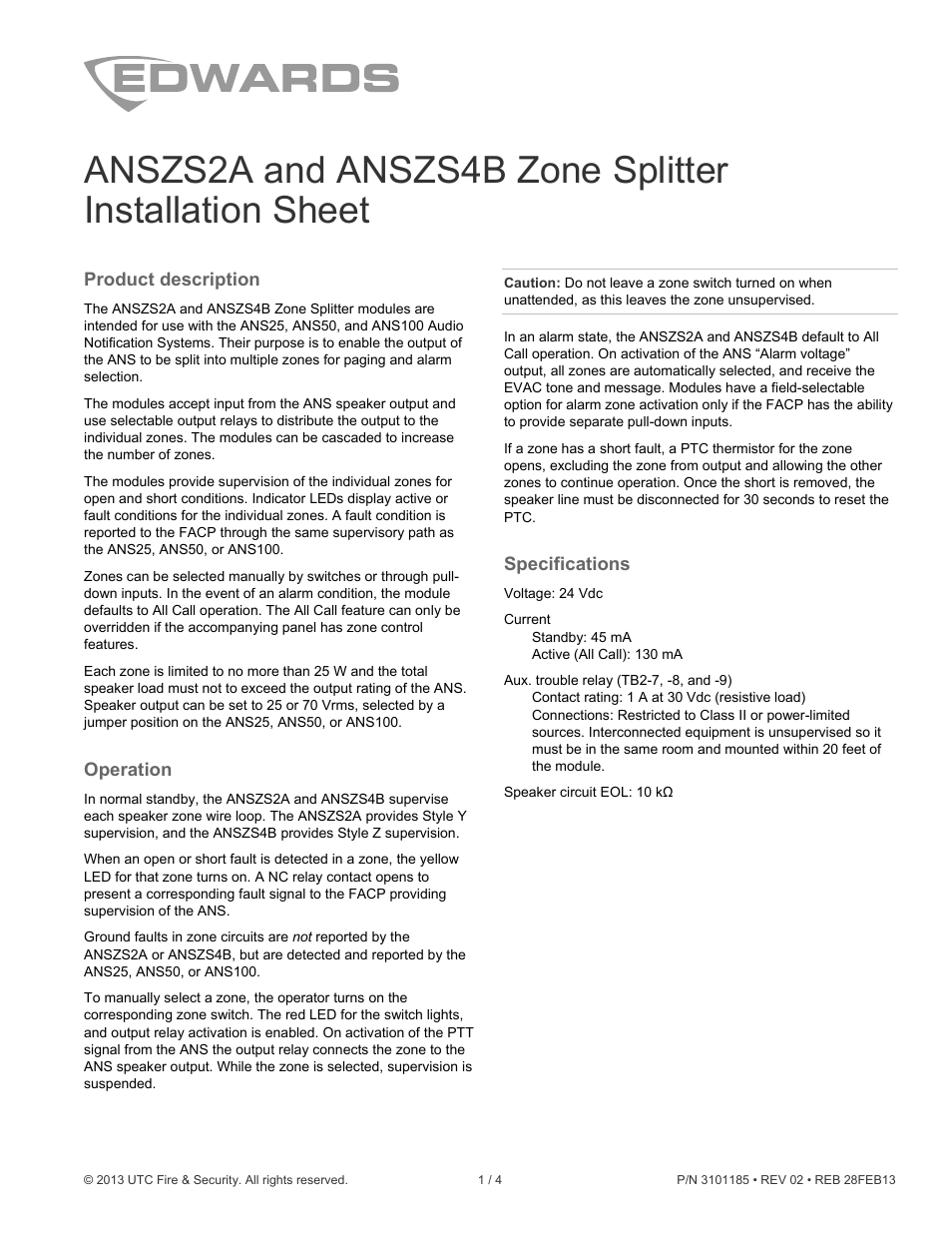 Edwards Signaling ANSZS4B User Manual | 4 pages