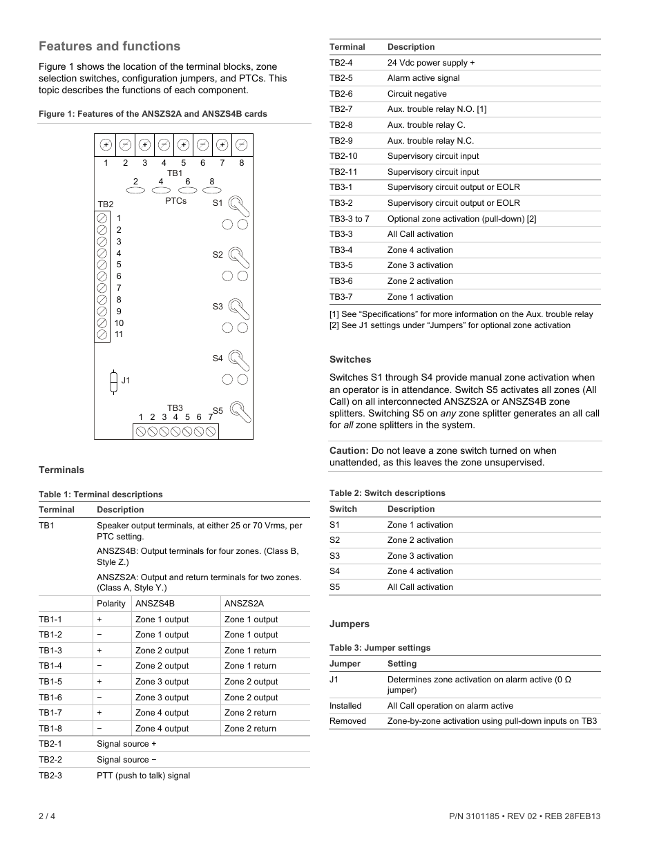 Features and functions, Terminals, Switches | Jumpers | Edwards Signaling ANSZS4B User Manual | Page 2 / 4