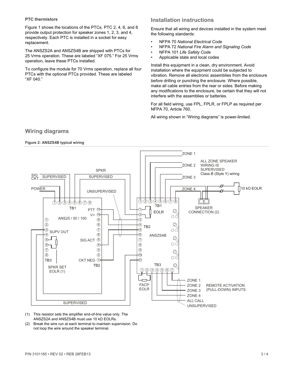 Ptc thermistors, Installation instructions, Wiring diagrams | Edwards Signaling ANSZS4B User Manual | Page 3 / 4