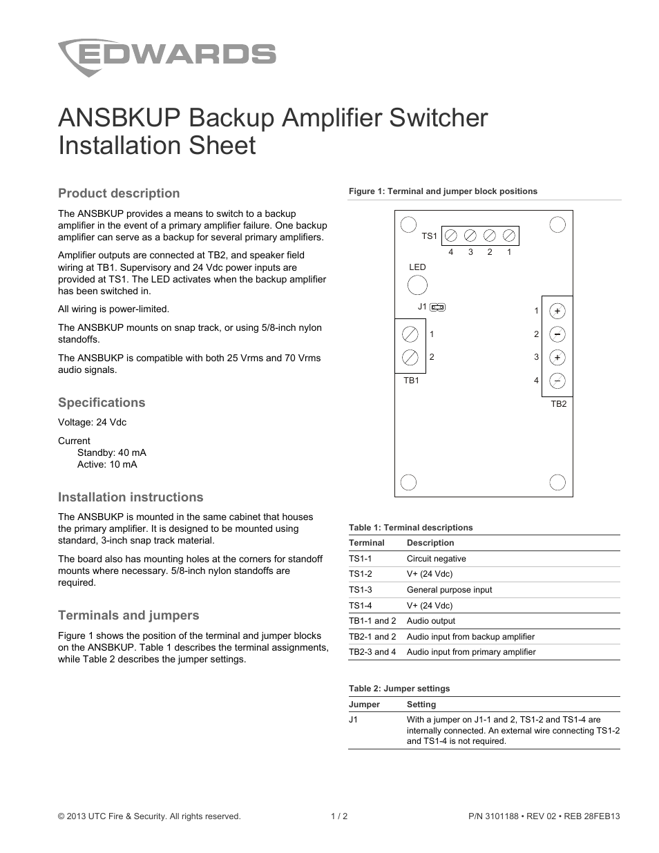 Edwards Signaling ANSBKUP Backup Amplifier Switcher User Manual | 2 pages