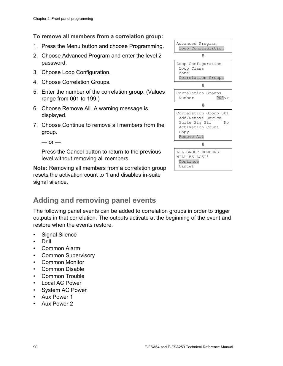 Adding and removing panel events | Edwards Signaling eFSA250 User Manual | Page 102 / 288