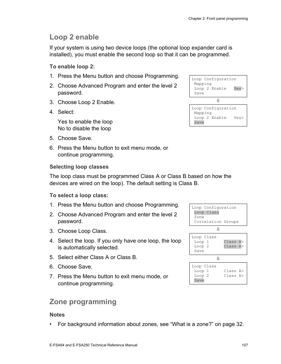 Loop 2 enable, Zone programming | Edwards Signaling eFSA250 User Manual | Page 119 / 288