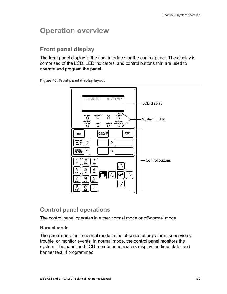Operation overview, Front panel display, Control panel operations | Edwards Signaling eFSA250 User Manual | Page 151 / 288