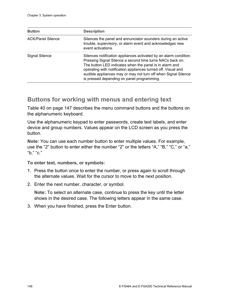 Buttons for working with menus and entering text | Edwards Signaling eFSA250 User Manual | Page 158 / 288