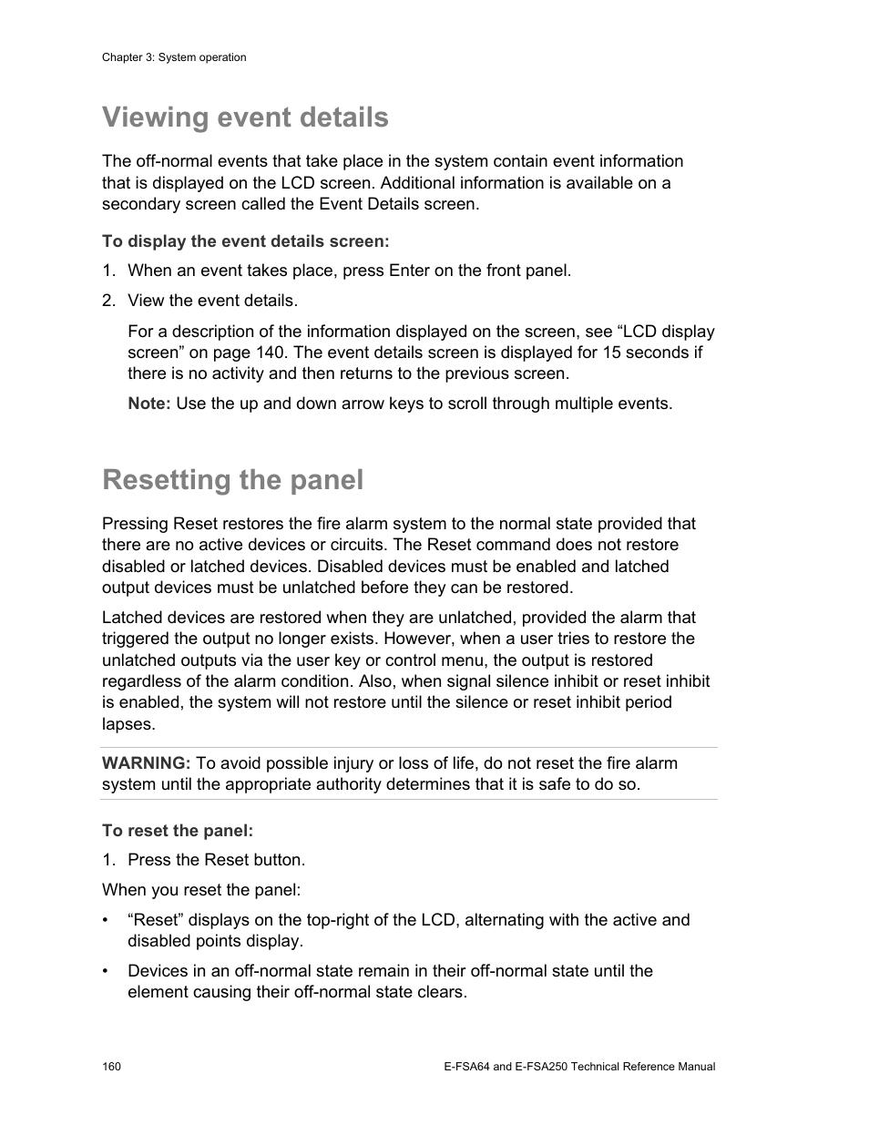 Viewing event details, Resetting the panel | Edwards Signaling eFSA250 User Manual | Page 172 / 288