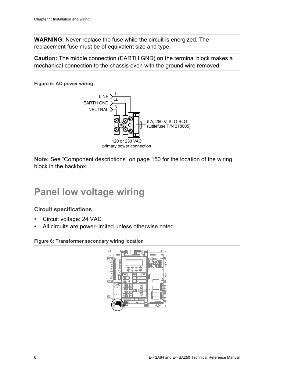 Panel low voltage wiring | Edwards Signaling eFSA250 User Manual | Page 18 / 288