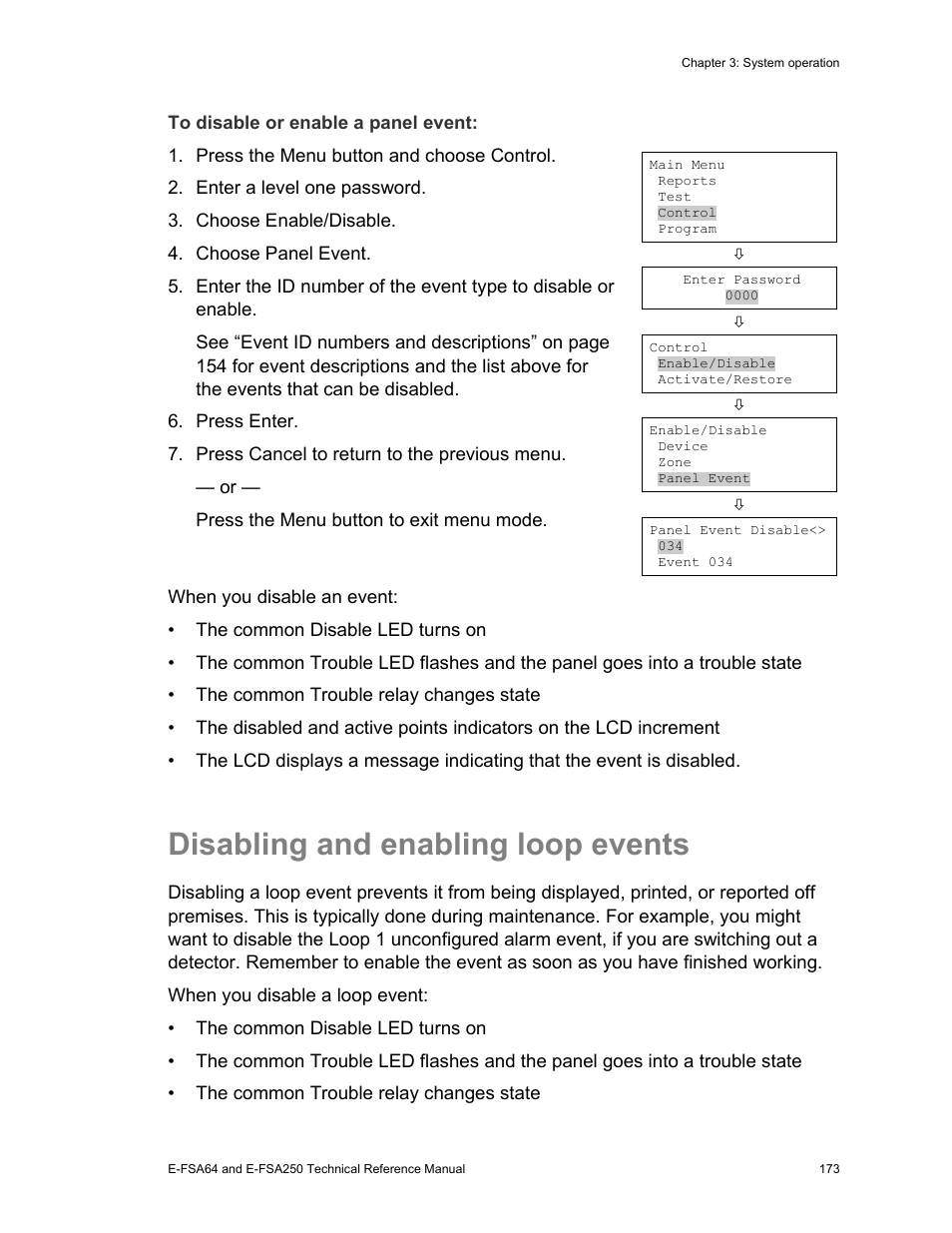 Disabling and enabling loop events | Edwards Signaling eFSA250 User Manual | Page 185 / 288
