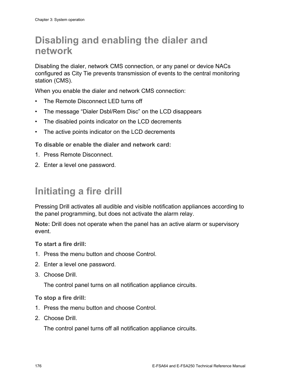 Disabling and enabling the dialer and network, Initiating a fire drill | Edwards Signaling eFSA250 User Manual | Page 188 / 288