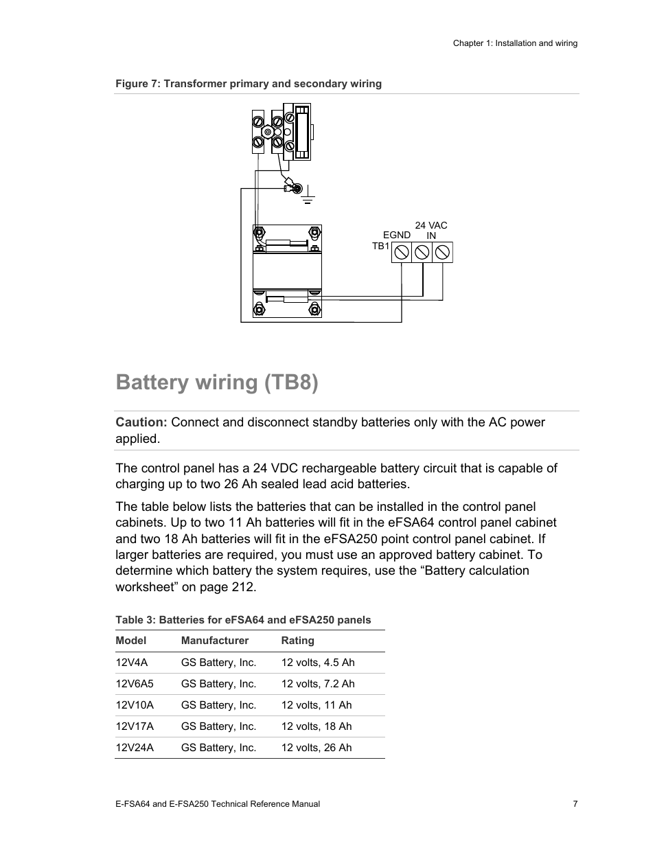 Battery wiring (tb8) | Edwards Signaling eFSA250 User Manual | Page 19 / 288