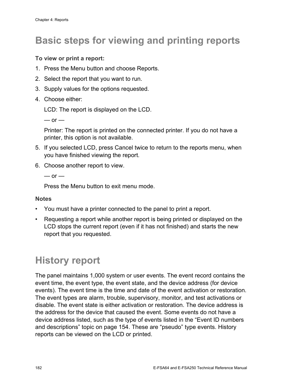 Basic steps for viewing and printing reports, History report | Edwards Signaling eFSA250 User Manual | Page 194 / 288