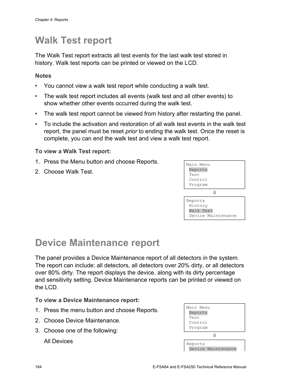 Walk test report, Device maintenance report | Edwards Signaling eFSA250 User Manual | Page 196 / 288