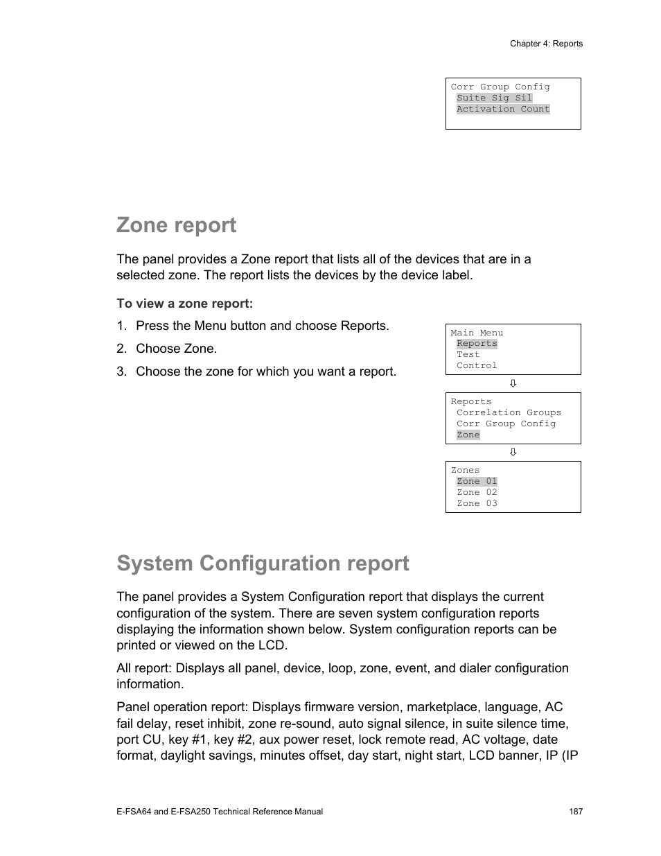 Zone report, System configuration report | Edwards Signaling eFSA250 User Manual | Page 199 / 288