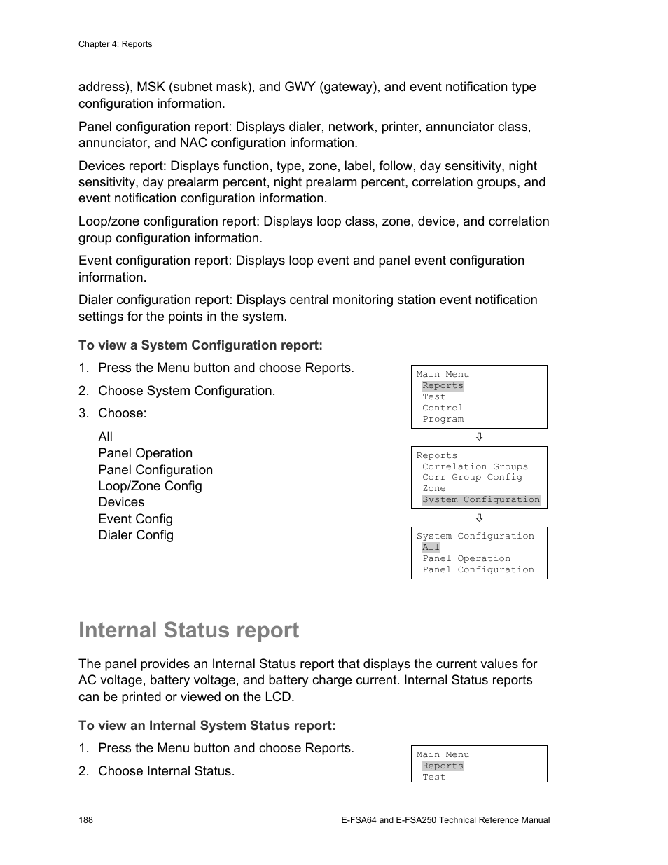 Internal status report | Edwards Signaling eFSA250 User Manual | Page 200 / 288