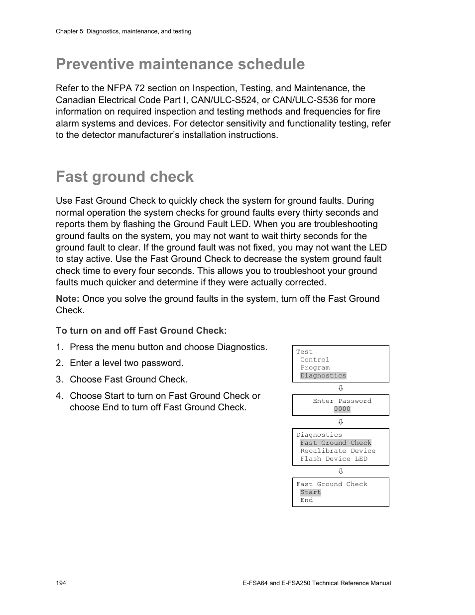 Preventive maintenance schedule, Fast ground check | Edwards Signaling eFSA250 User Manual | Page 206 / 288
