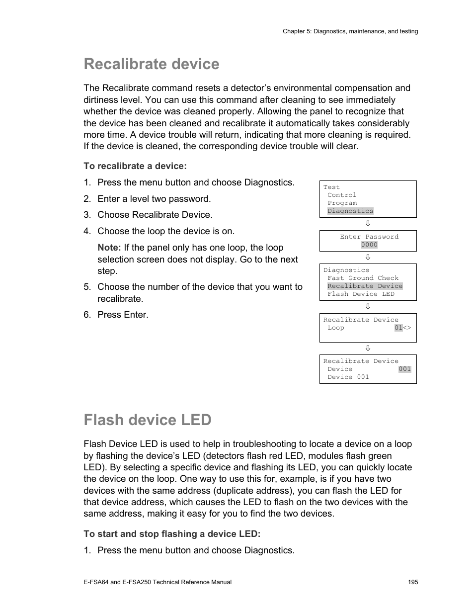 Recalibrate device, Flash device led | Edwards Signaling eFSA250 User Manual | Page 207 / 288