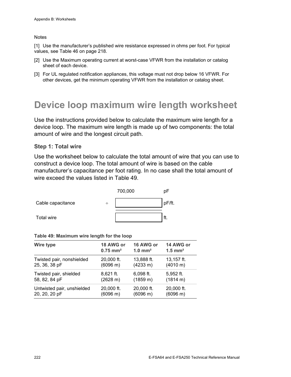 Device loop maximum wire length worksheet | Edwards Signaling eFSA250 User Manual | Page 234 / 288