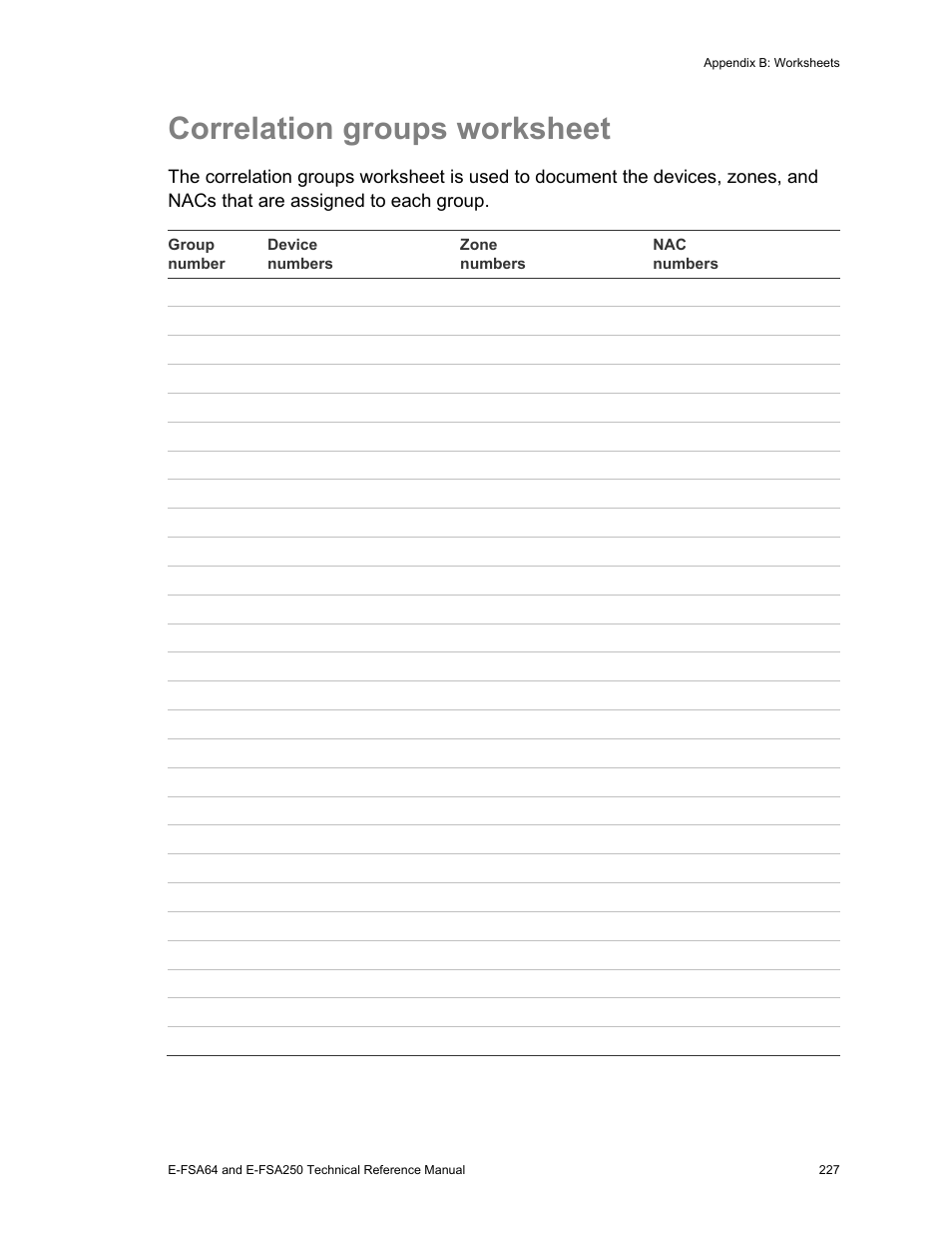 Correlation groups worksheet | Edwards Signaling eFSA250 User Manual | Page 239 / 288